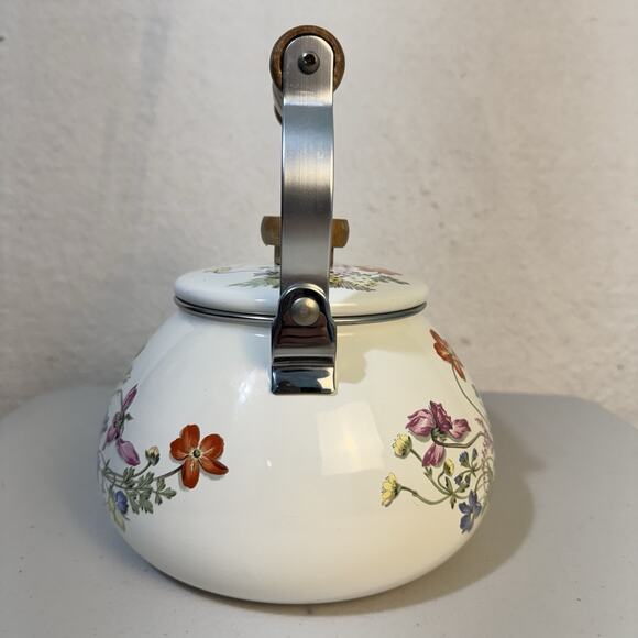 VTG Enamel White Stovetop Tea Pot Kettle Wood Handle Flowers Cottage Garden - Picture 4 of 8